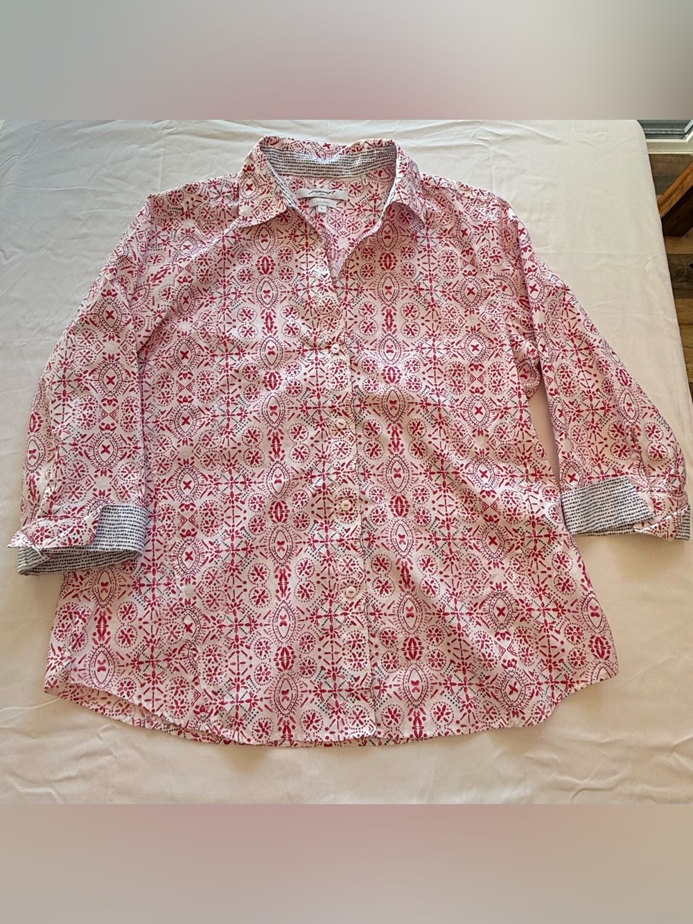 Foxcroft NYC Easy Care Button Front Shirt Large Pink Blue Print 3/4 Sleeve - Picture 2 of 10